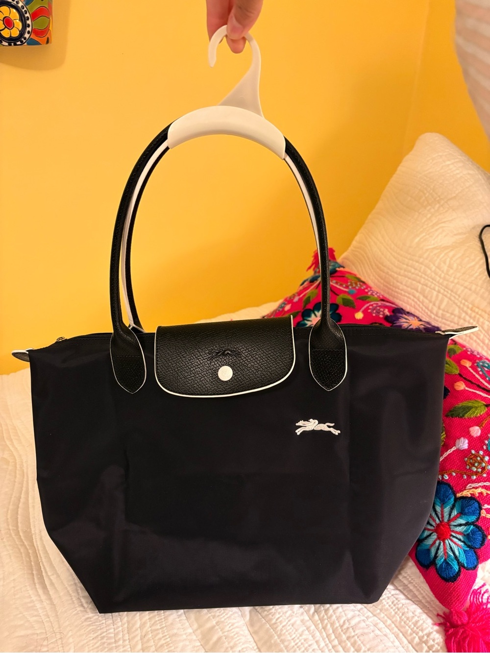 Longchamp Black Nylon Tote with White Trim